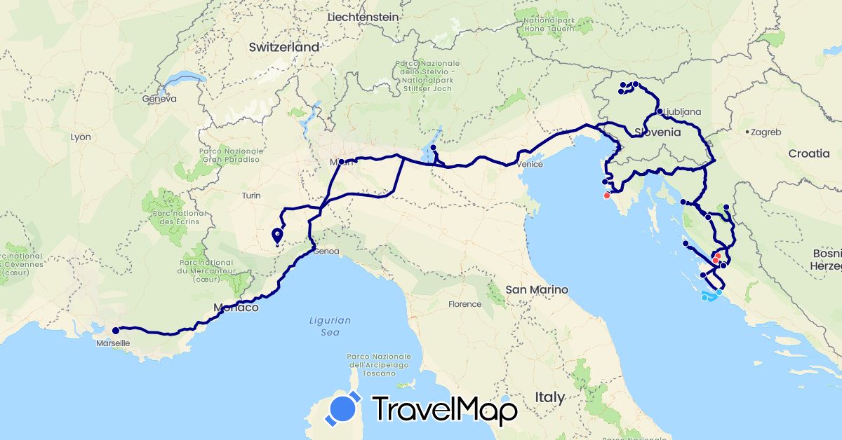 TravelMap itinerary: driving, hiking, boat in France, Croatia, Italy, Slovenia (Europe)